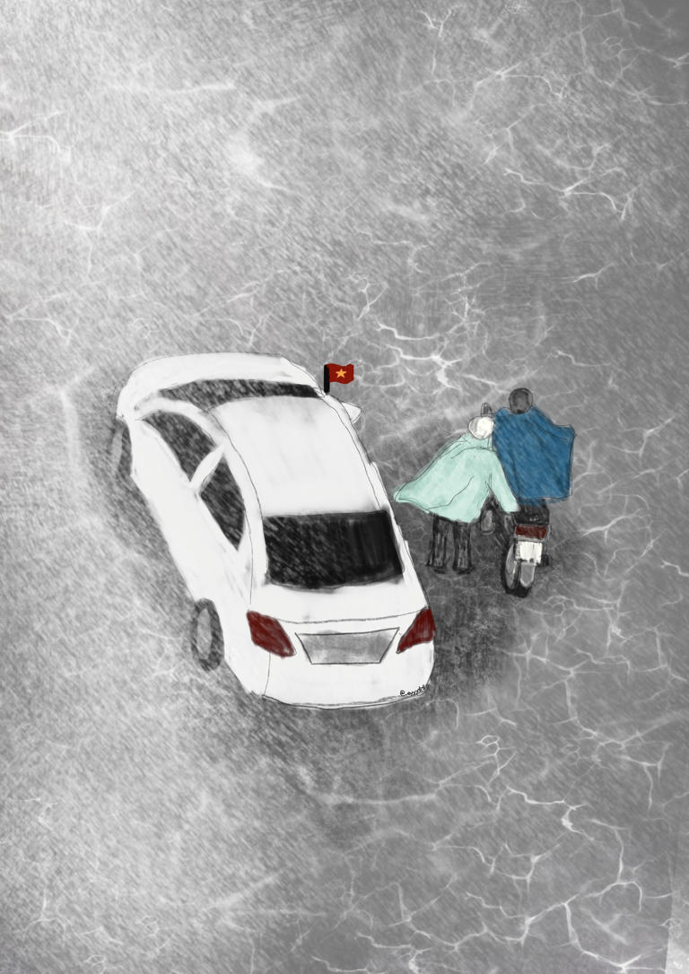 Xe ô tô đi chậm lại để chống gió giúp xe máy trong cơn bão - Ảnh: ĐỒNG AN THƯ